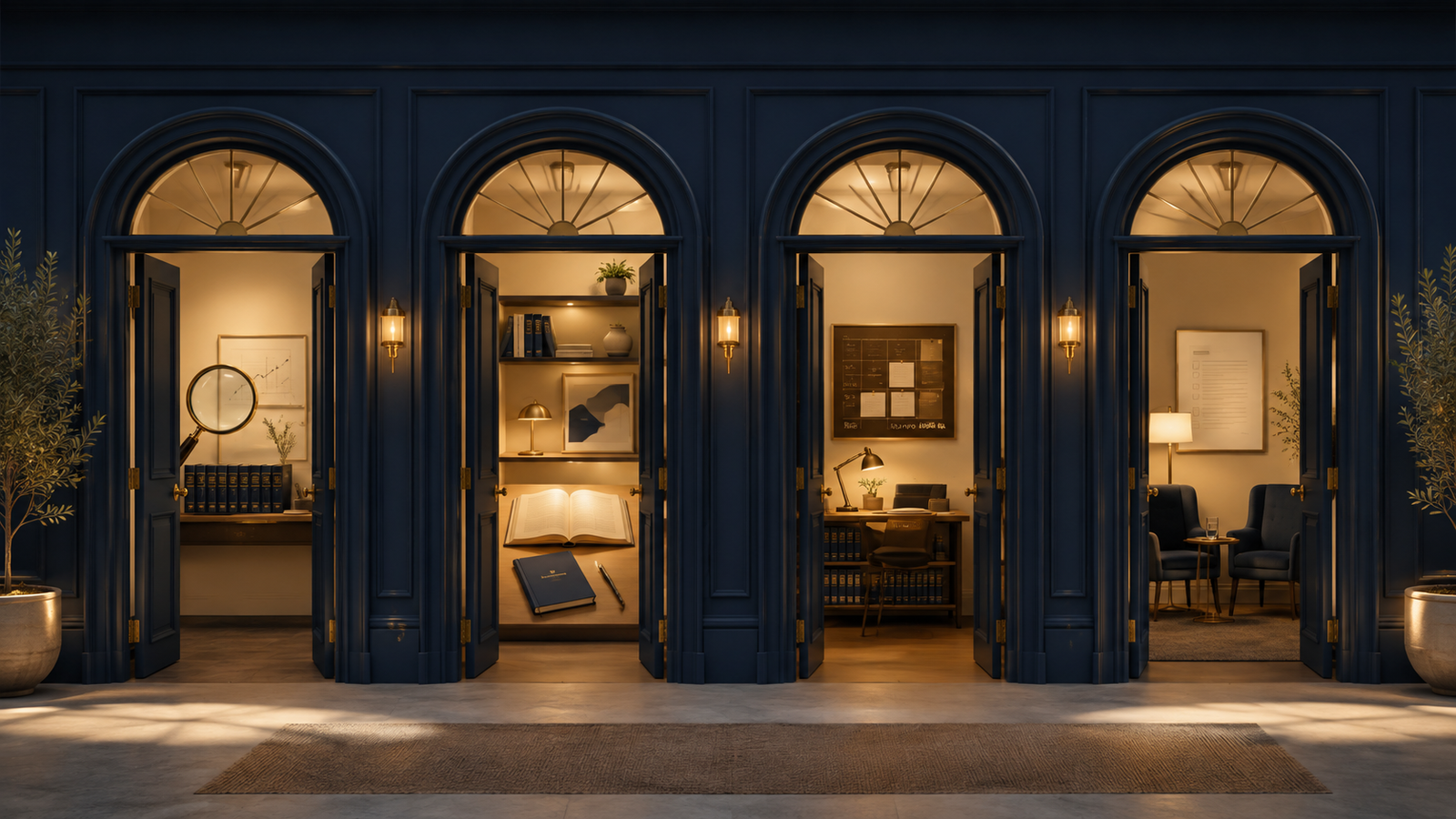 Four open navy doors with warm light beyond them, representing four different levels of Careful Optimist decision support.